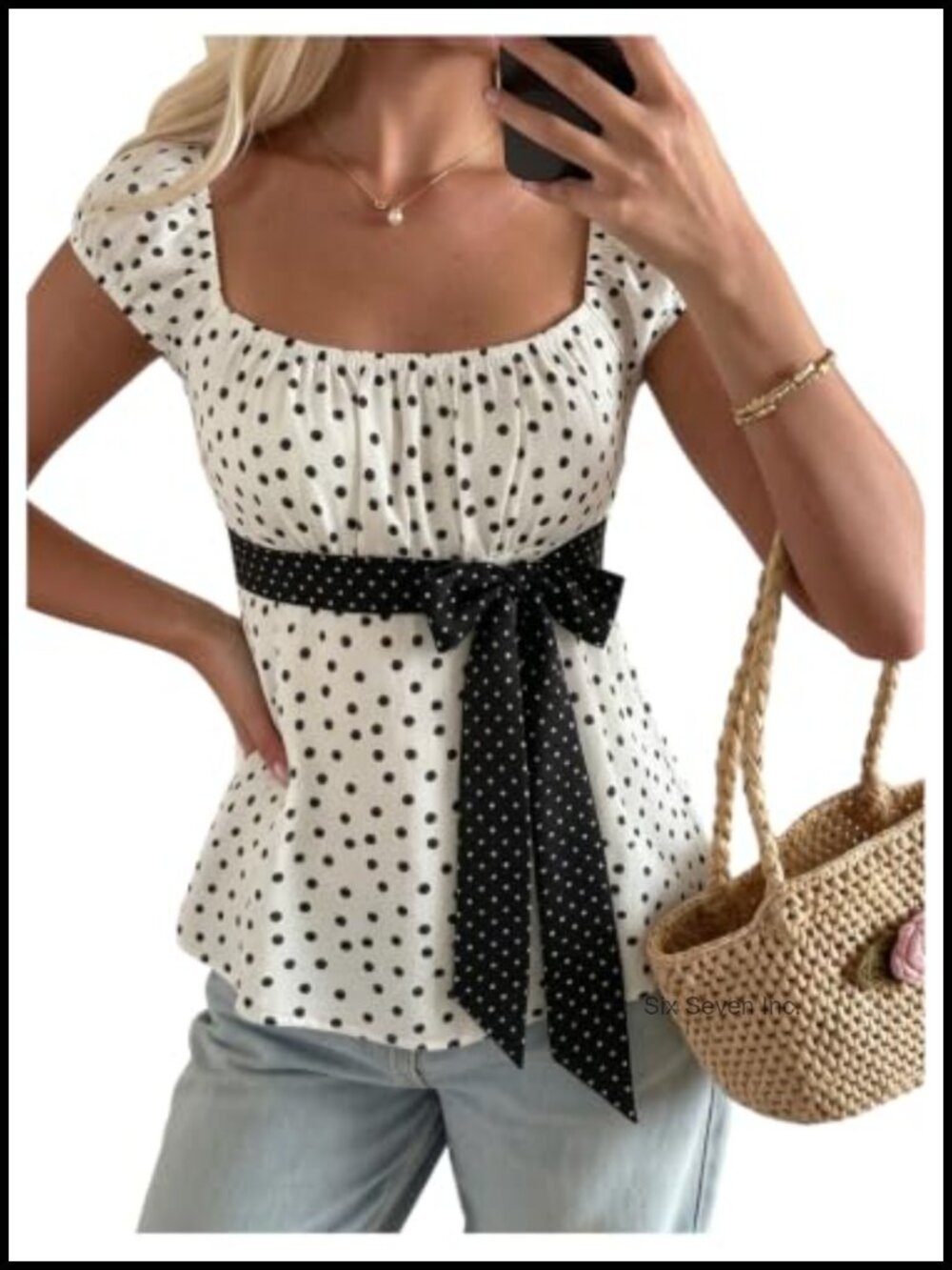 Women's Polka Dots Babydoll Peplum Top Square Neck Cap Sleeve